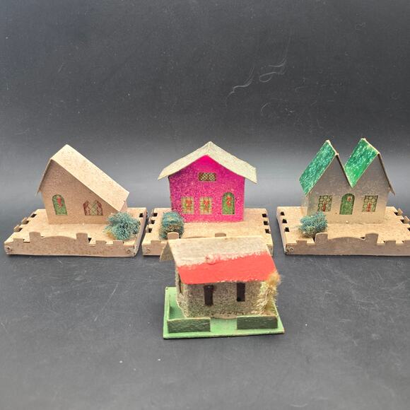 Vintage Paper Putz Houses Set of 4 Glitter Mica Christmas Village - Picture 11 of 11
